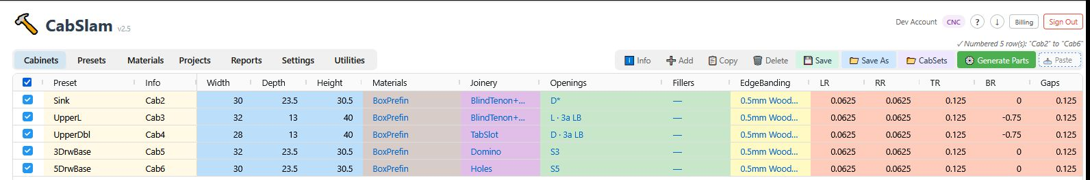 CabSlam cabinet spec grid