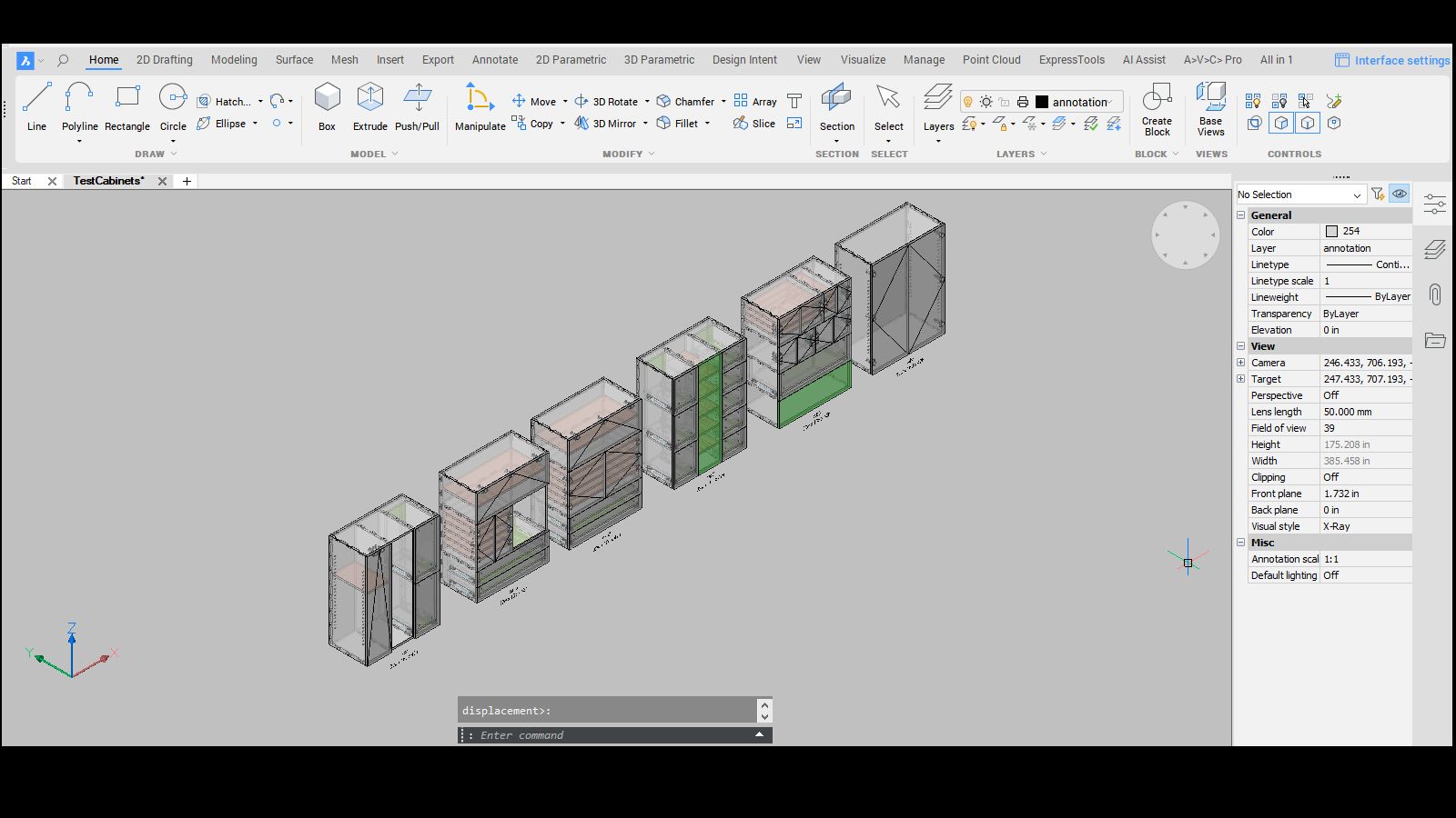 A row of CabSlam-generated cabinets in the BricsCAD viewport
