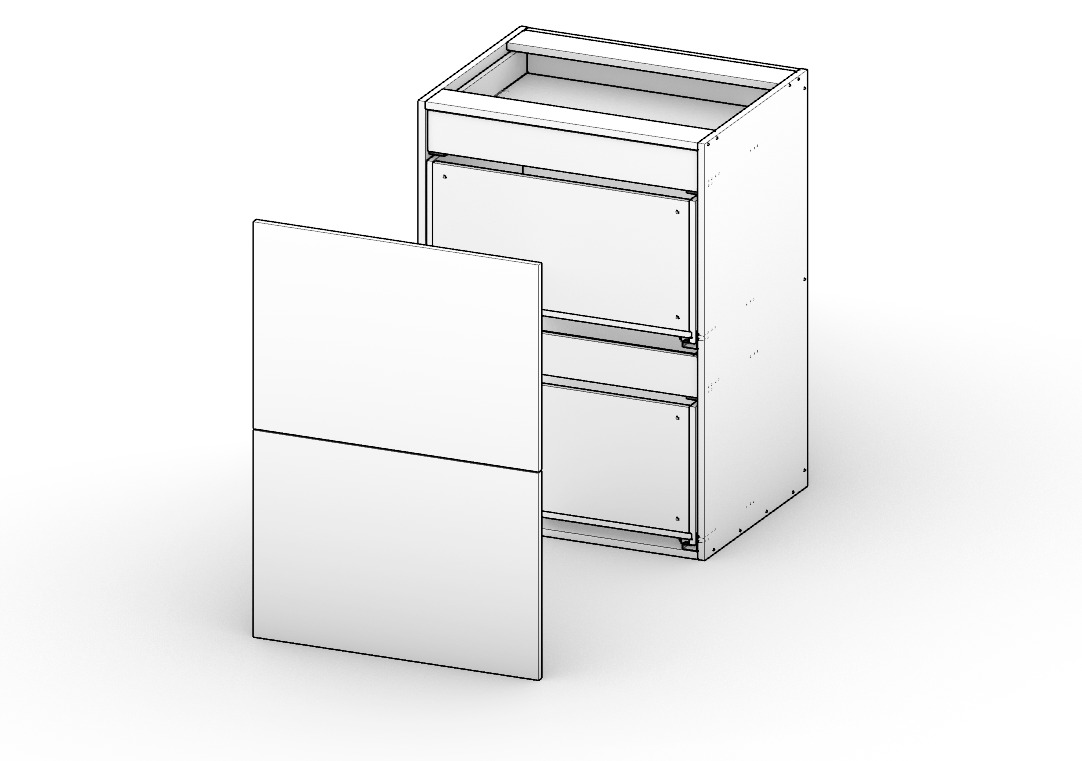 A CabSlam base cabinet with a stacked drawer and door front pulled out to show the box construction