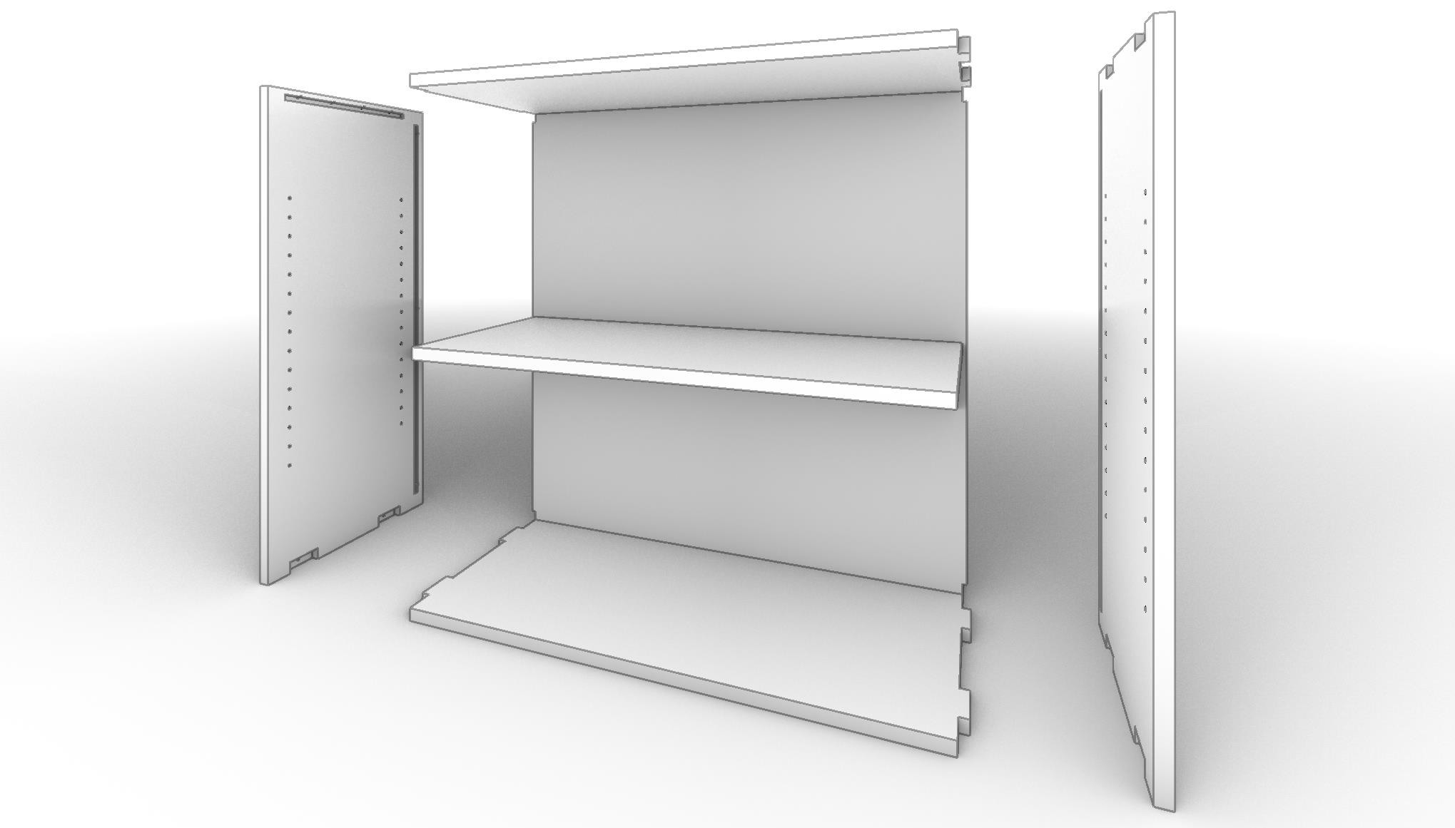 A CabSlam cabinet cutaway showing a fixed shelf with tenon joinery and shelf-pin holes