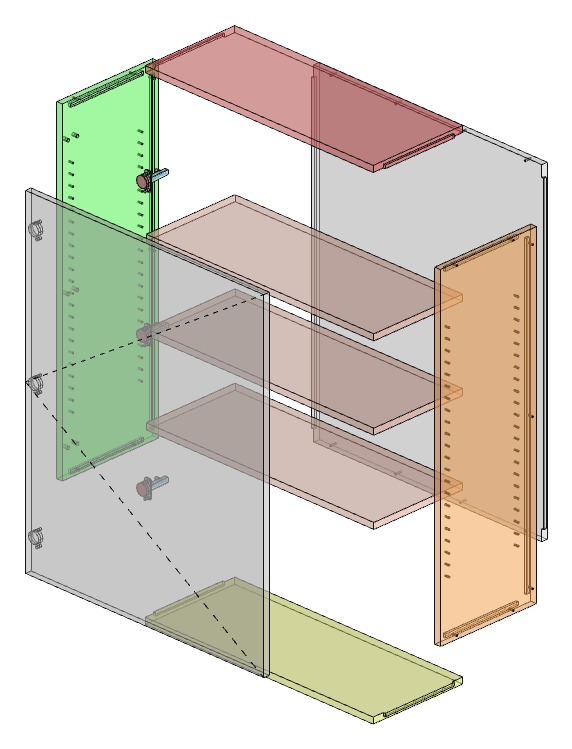 Exploded view of a CabSlam cabinet with different colored materials assigned to different panels and shelves