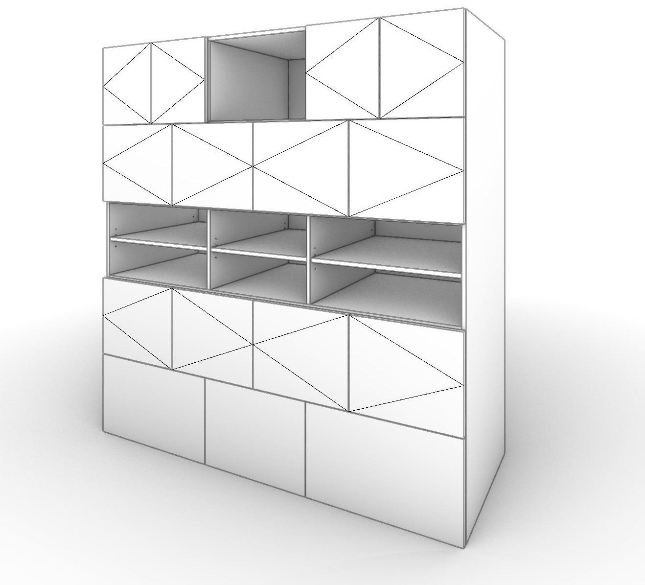 A multi-opening cabinet generated by CabSlam, with doors, shelves, and drawers split across rows and columns