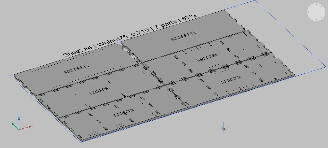 A CabSlam-nested material sheet in BricsCAD, showing 7 parts at 87% utilization